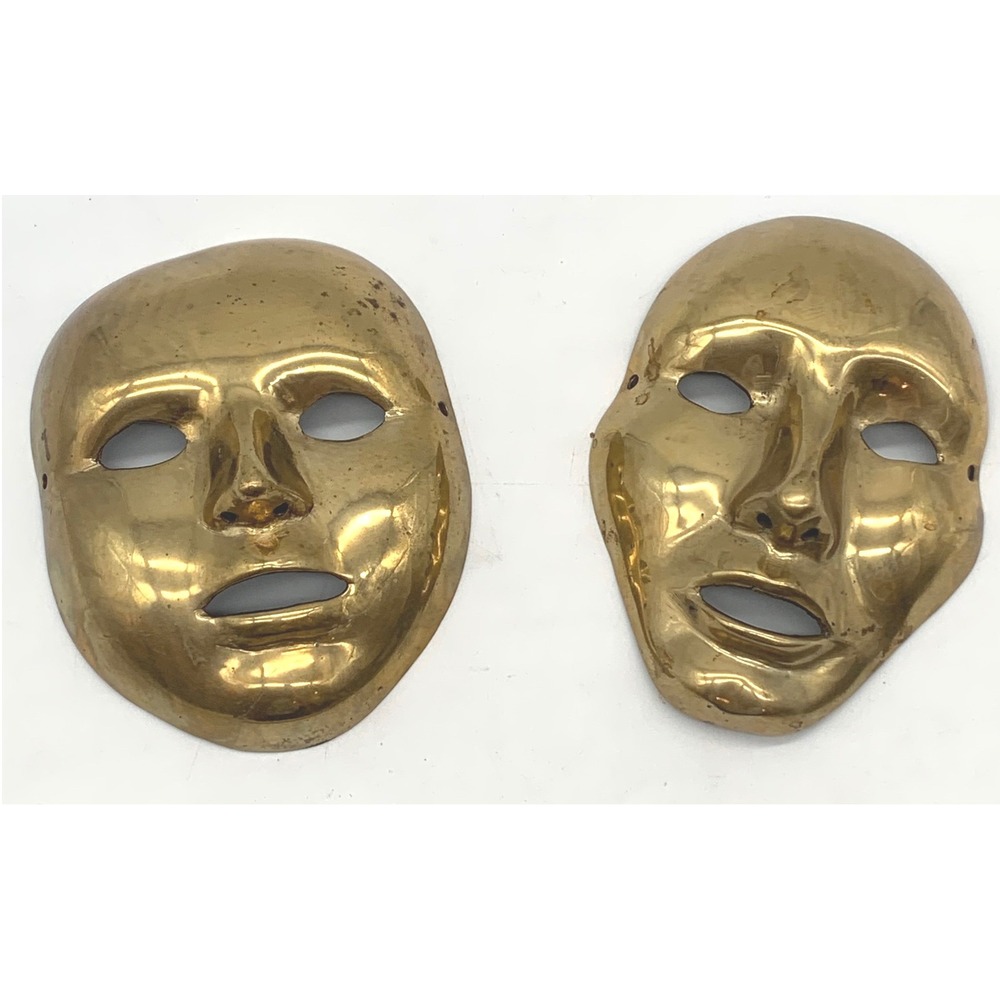 Vintage Post Modern Brass Comedy Tragedy Theater Masks Sleek Wall Decor Pair